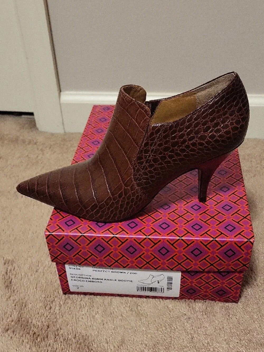 Tory Burch Croc-Embossed Brown Pointed Ankle Booties